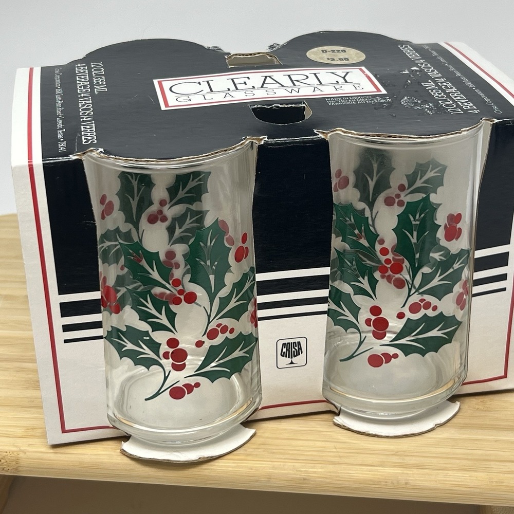 Vintage Crisa Holiday Christmas Holly Berry 12 oz Glasses 5" Tall‎ Clearly